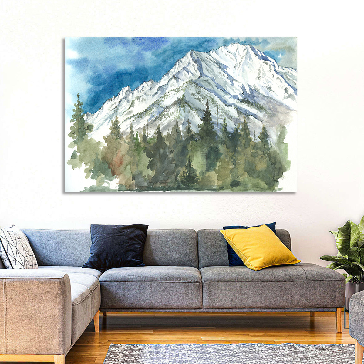 Snowy Mountain Watercolor Wall Art