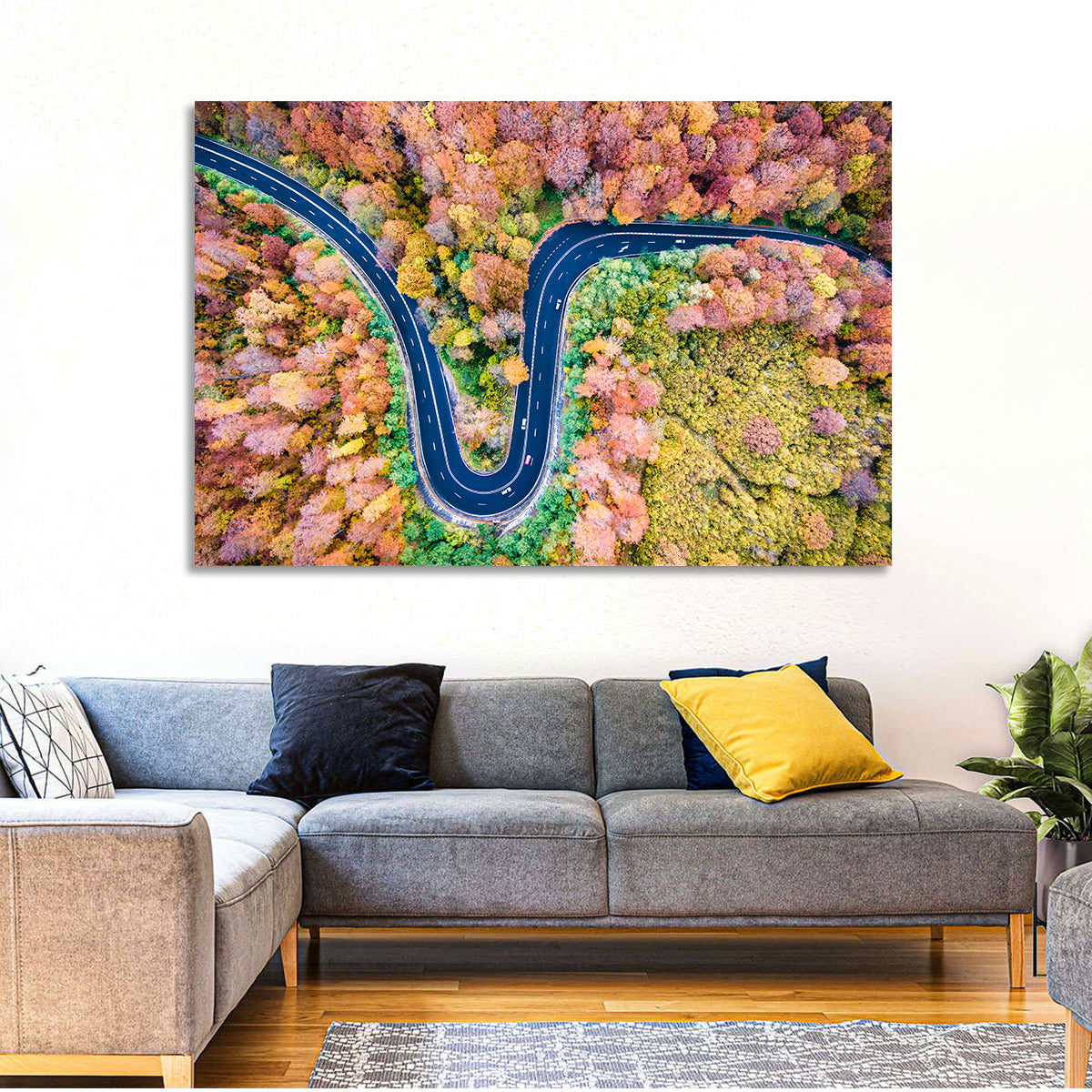 Winding Forest Road Wall Art in a room, landscape