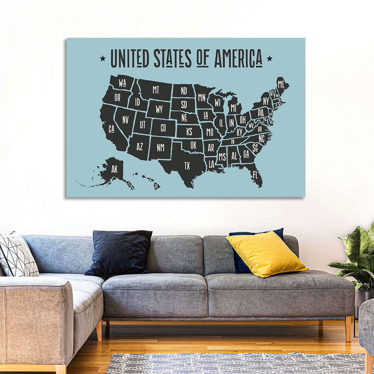 Minimalist USA Map with State Abbreviations Wall Art in a room, landscape