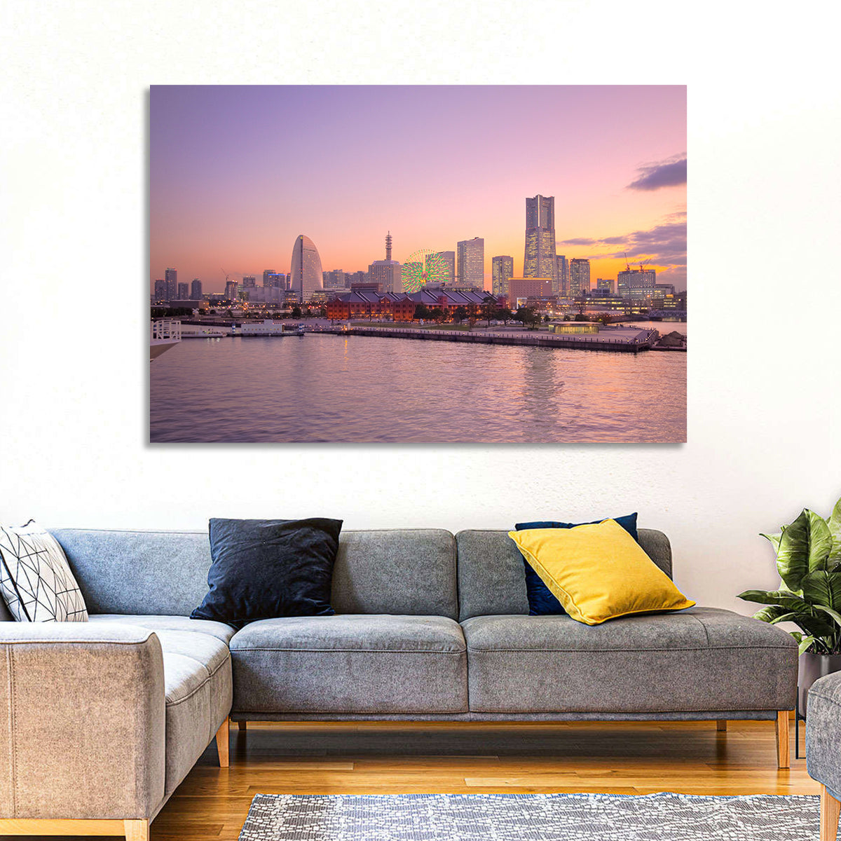 Yokohama Harbor Twilight Wall Art in a room, landscape