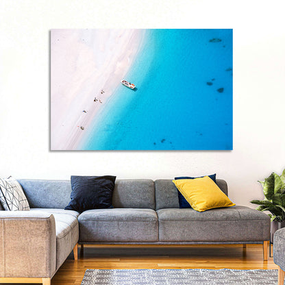 Aerial Beach Bay with White Boat Wall Art