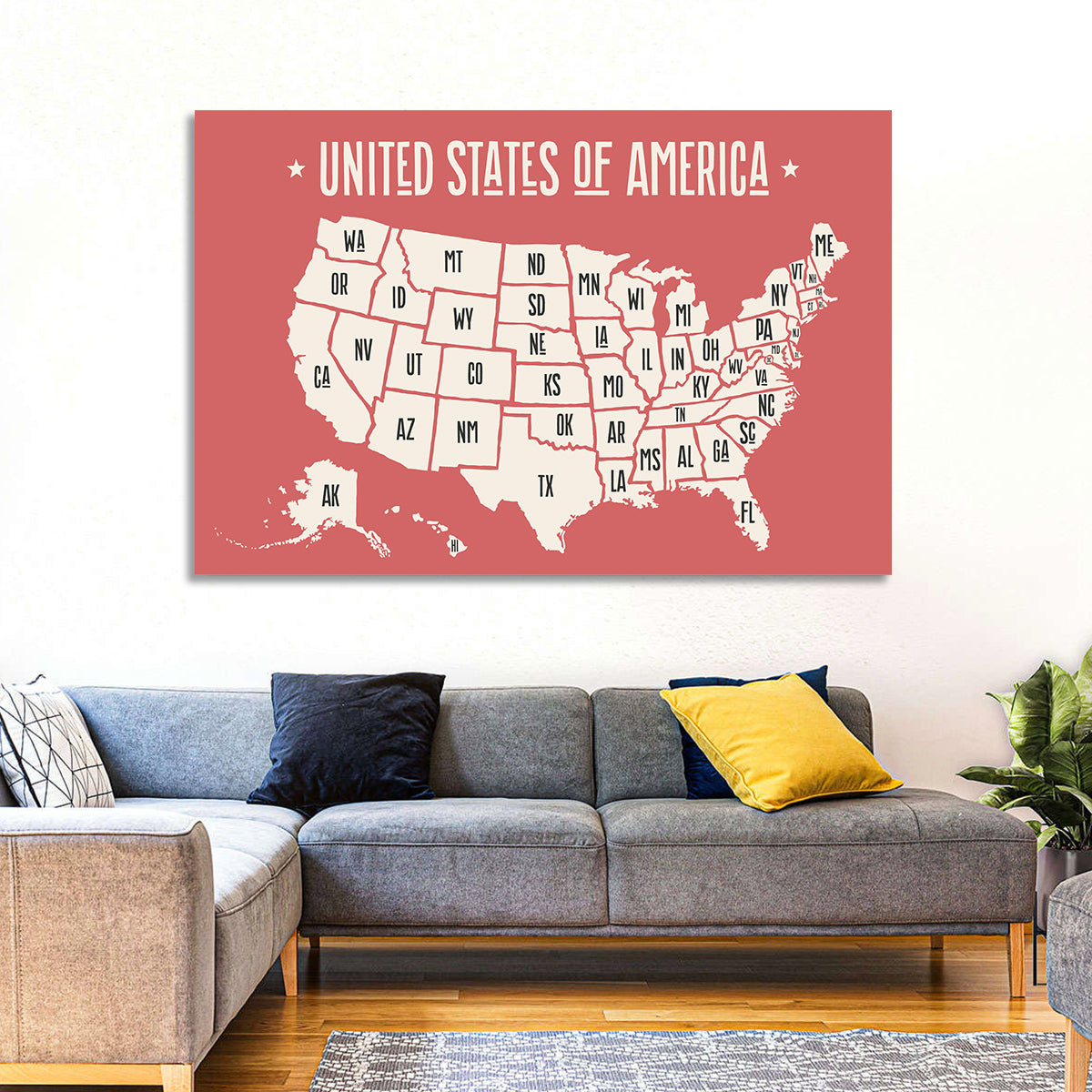 United States Map with State Abbreviations Wall Art