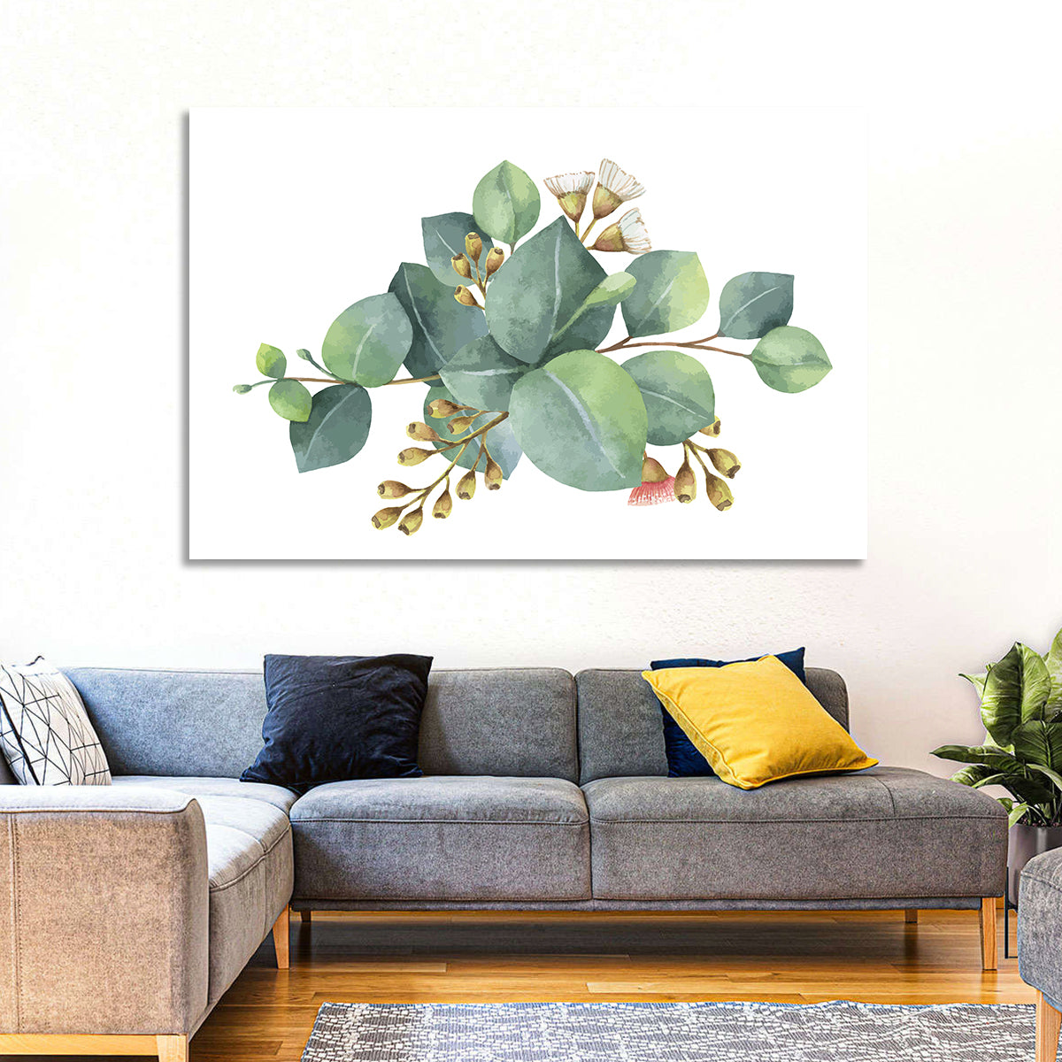 Eucalyptus Leaves with Pink Blossom Wall Art in a room, landscape