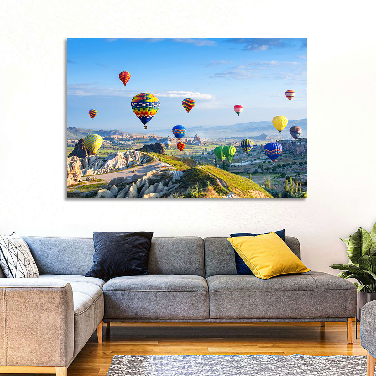 Cappadocia Hot Air Balloons Over Rock Valleys Wall Art in a room, landscape
