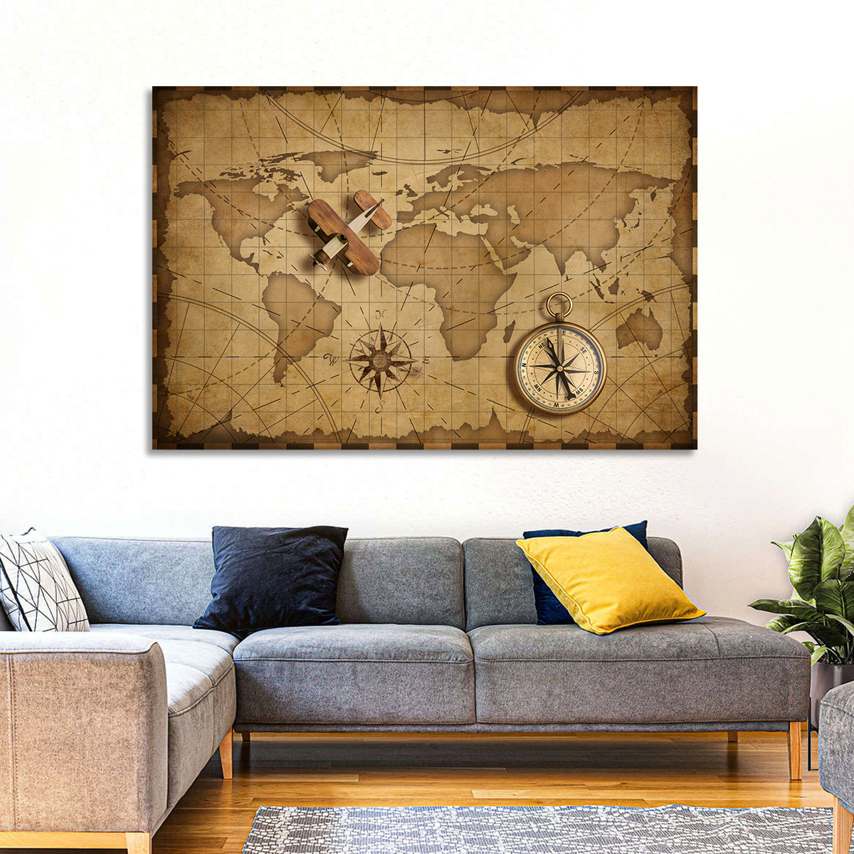 Retro Map with Biplane and Compass Wall Art in a room, landscape