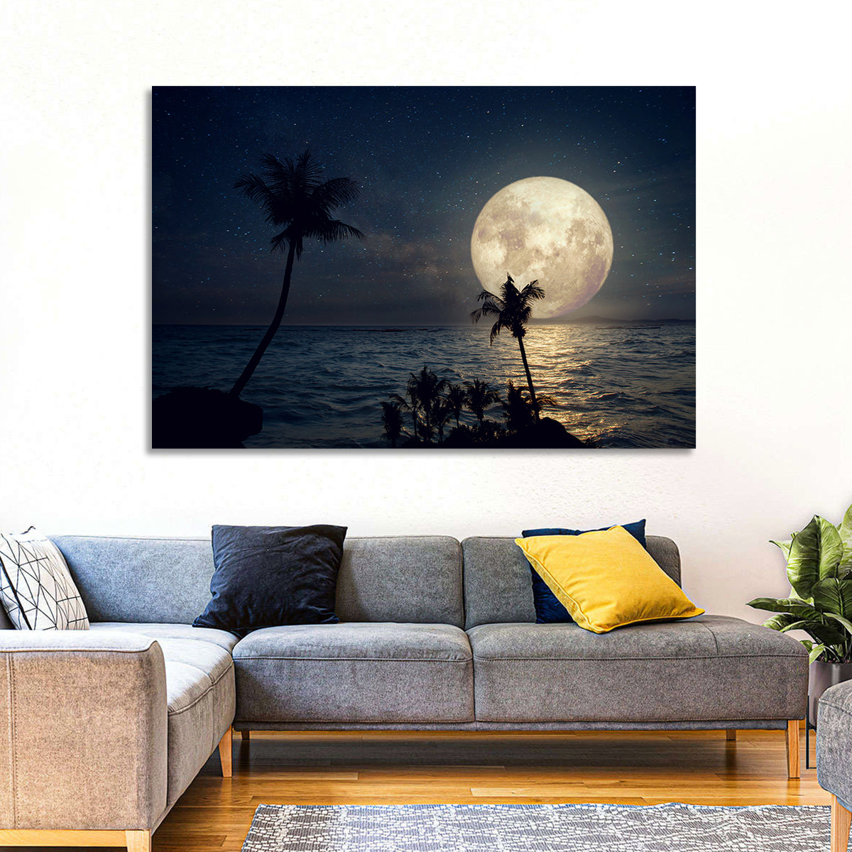 Supermoon Over Tropical Beach Wall Art in a room, landscape