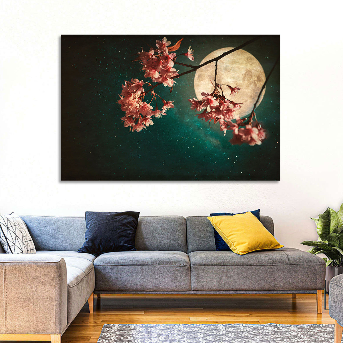 Moonlit Sakura Blossoms Wall Art in a room, landscape
