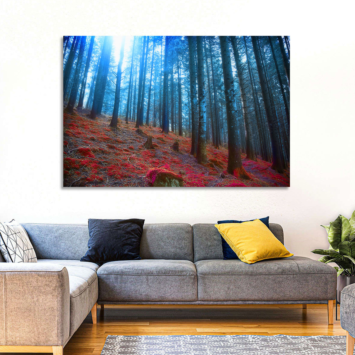 Enchanted Red Moss Forest Wall Art in a room, landscape