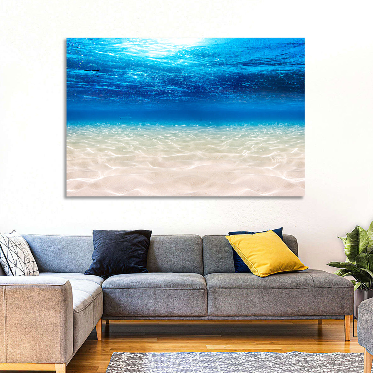 Sunlit Sandy Seabed Wall Art in a room, landscape