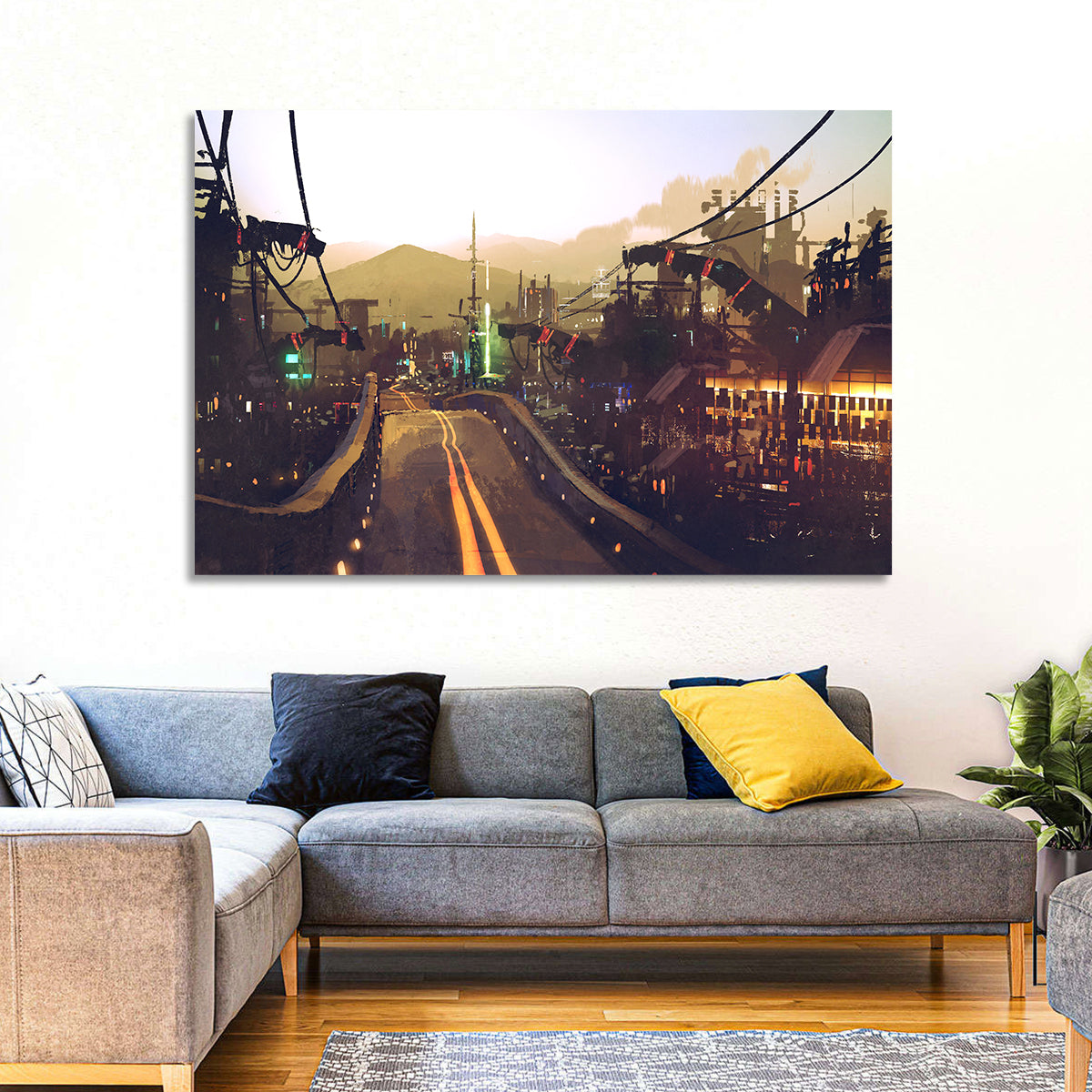 Futuristic Highway at Dusk Wall Art in a room, landscape