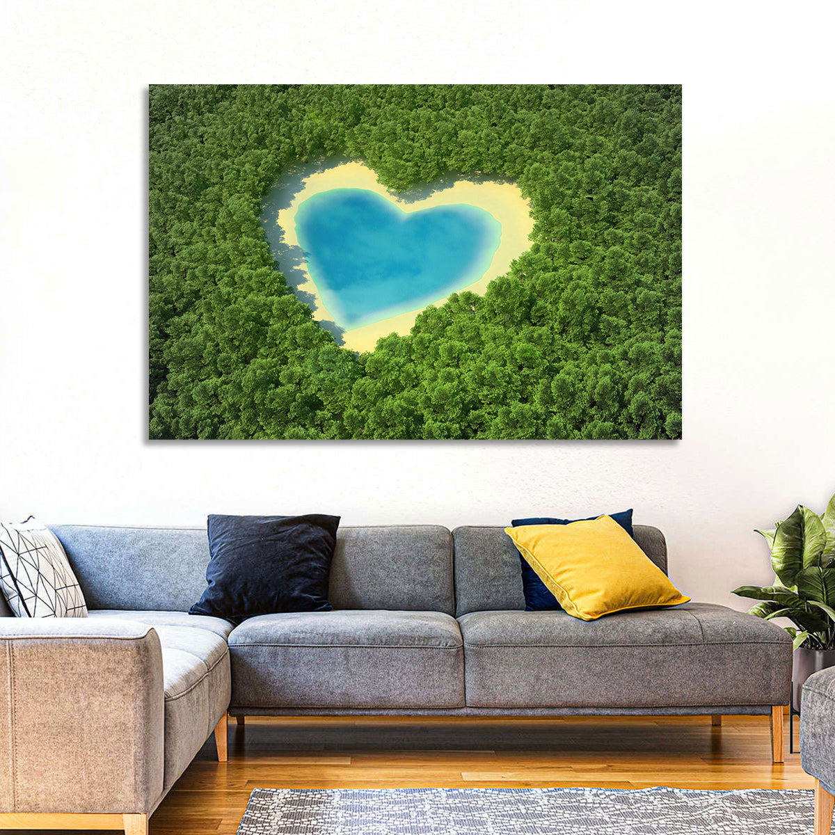 Heart-shaped Pond Aerial View Wall Art in a room, landscape