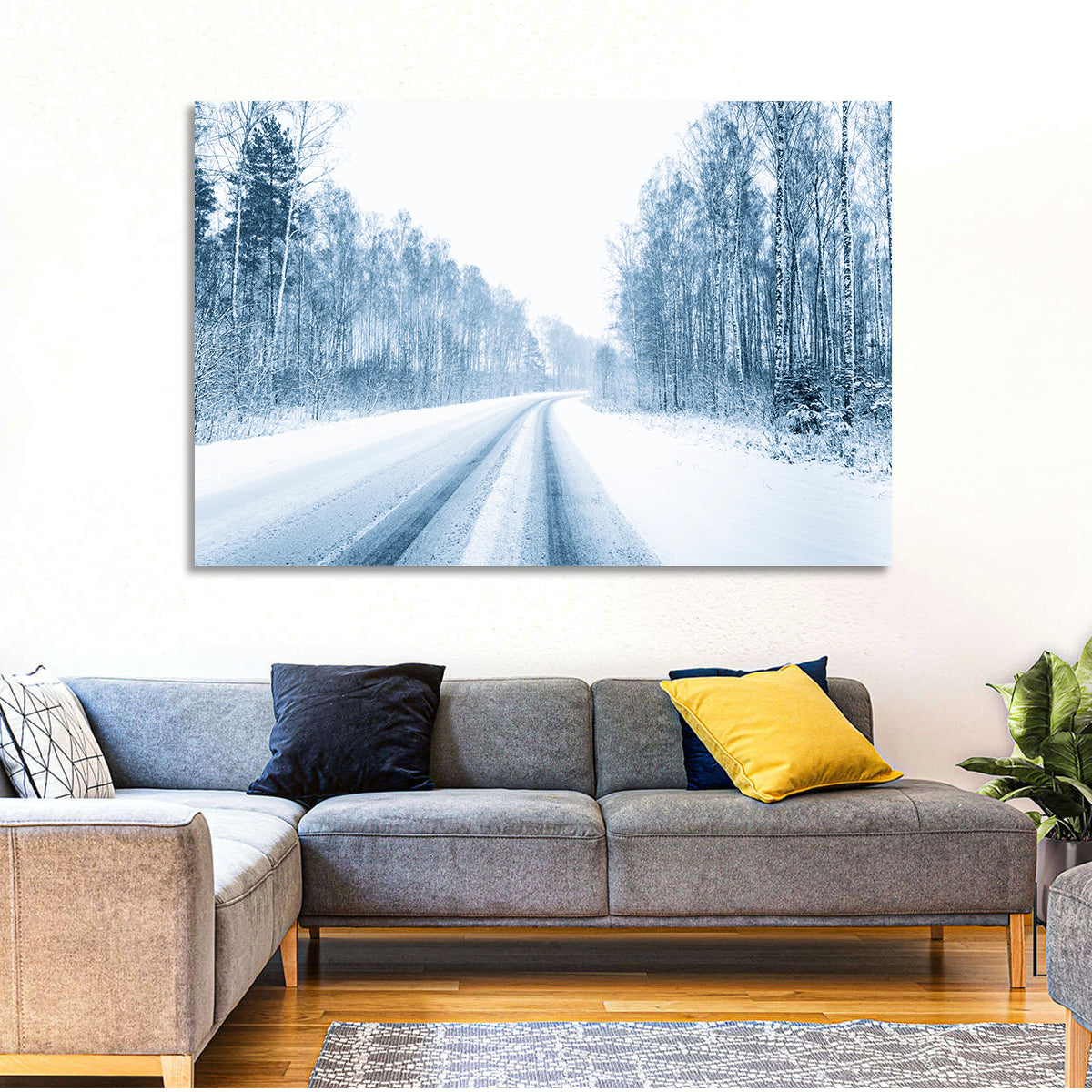 Tire Tracks on Snowy Road Wall Art in a room, landscape