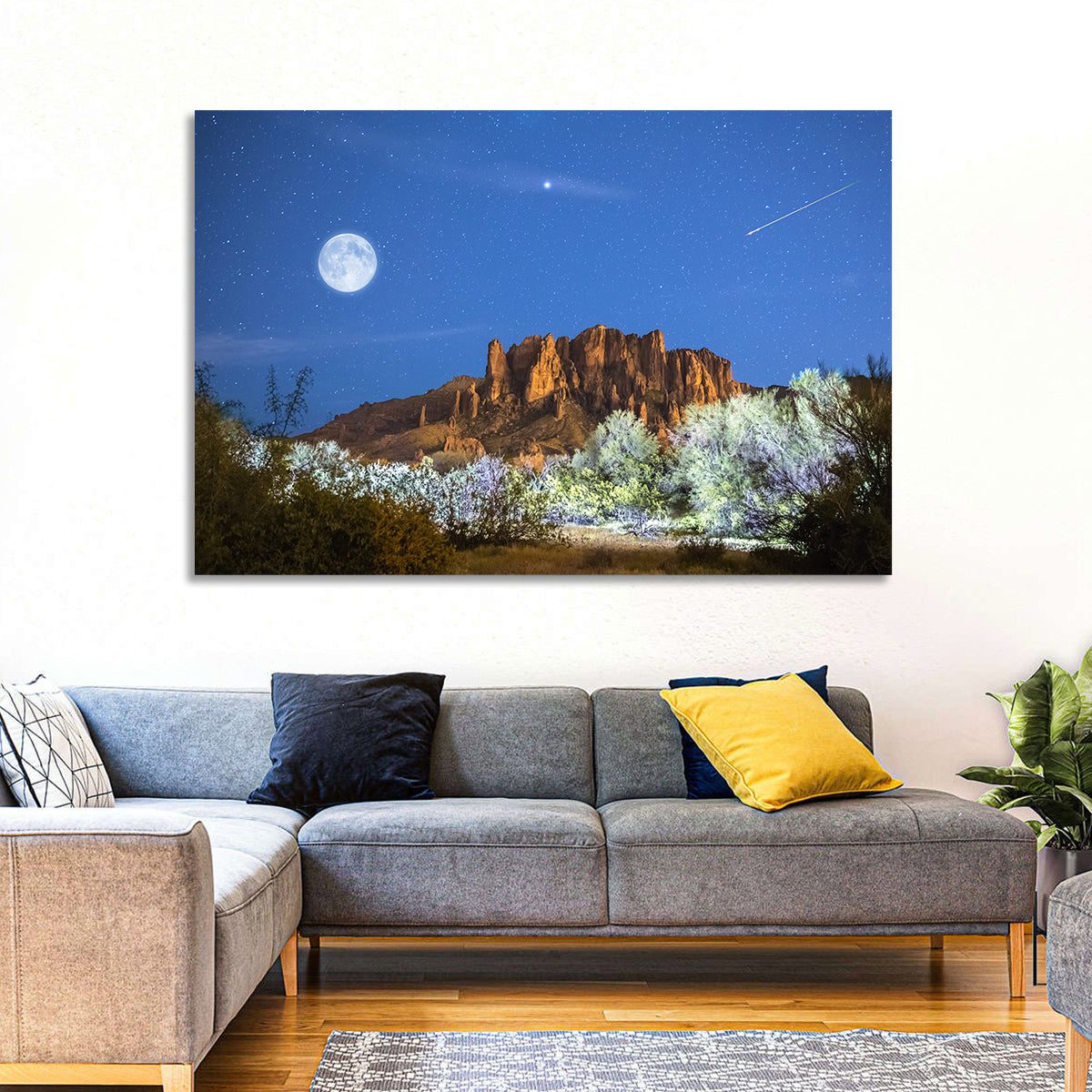 Moonlit Superstition Mountains Arizona Wall Art in a room, landscape