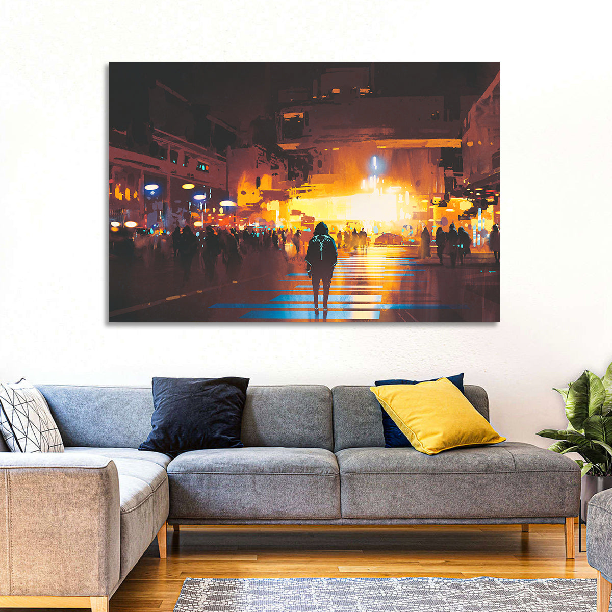 Futuristic Neon Cityscape Wall Art in a room, landscape