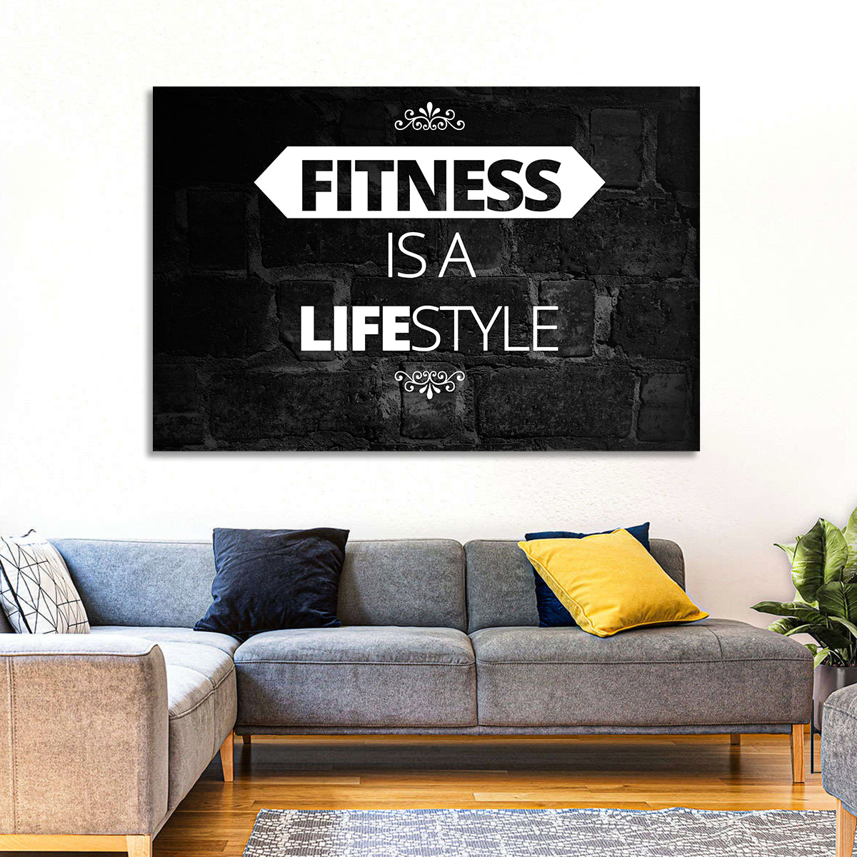 Fitness Is a Lifestyle Brick Quote Wall Art in a room, landscape