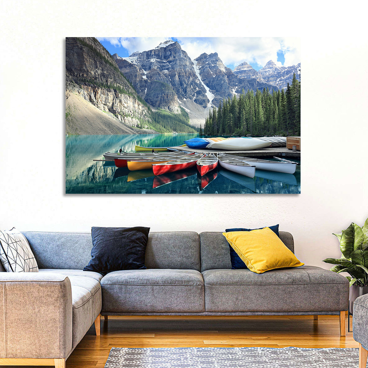 Moraine Lake Canoes at Lake Louise Wall Art