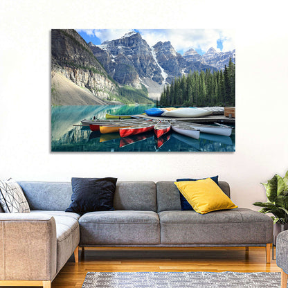 Moraine Lake Canoes at Lake Louise Wall Art