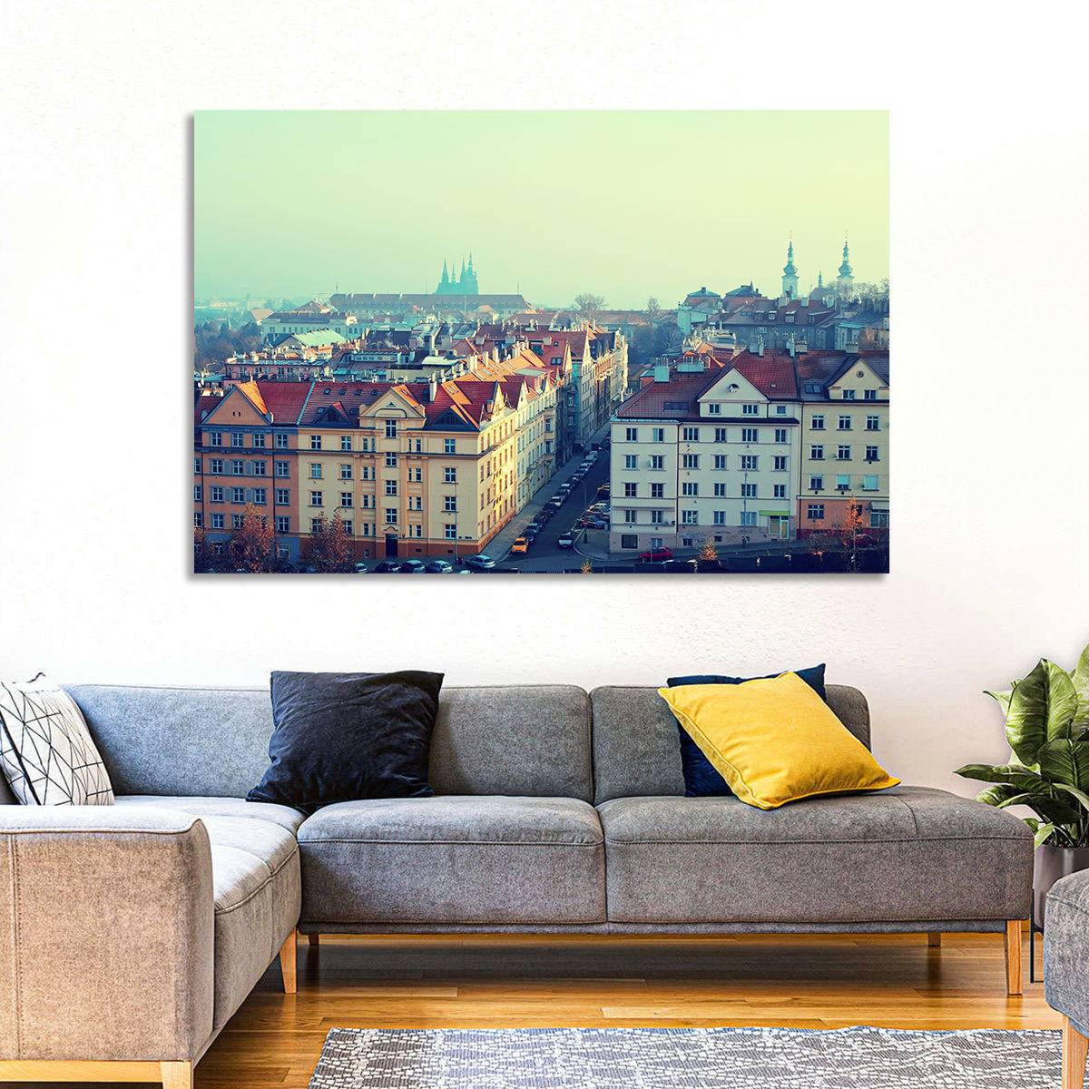 Prague Rooftops with St. Vitus Cathedral Wall Art in a room, landscape