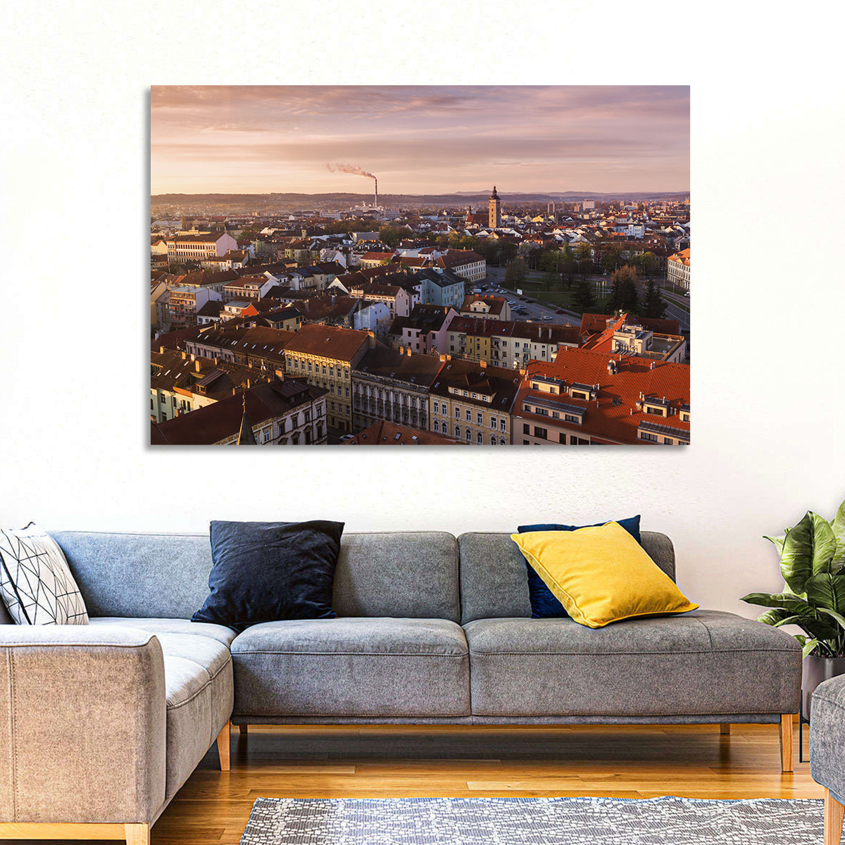 Red Tiled Rooftops at Golden Hour Wall Art in a room, landscape