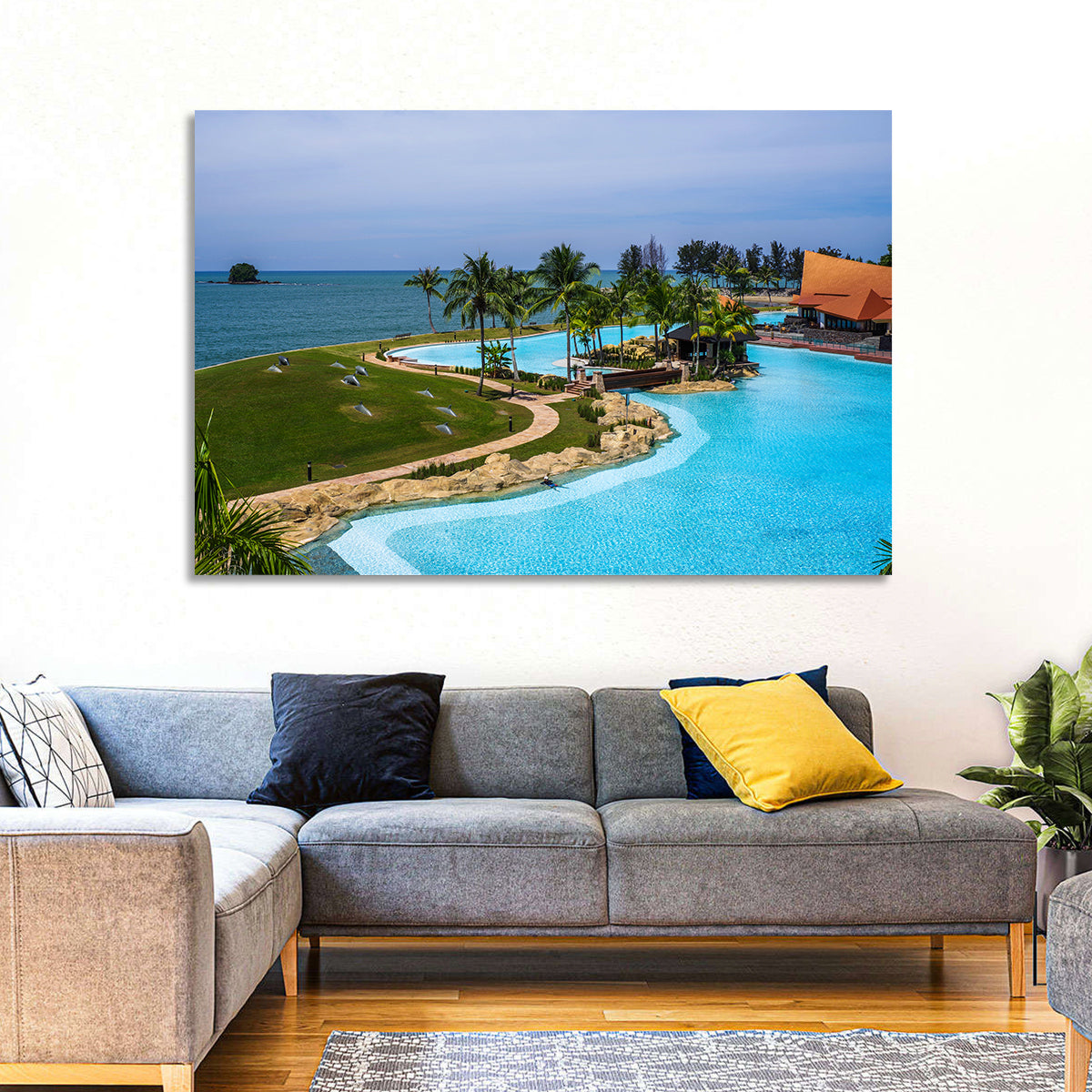 Tiered Resort Pool Horizon Wall Art in a room, landscape
