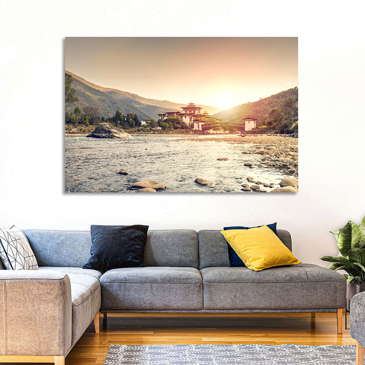 Punakha Dzong at Golden Hour Wall Art in a room, landscape