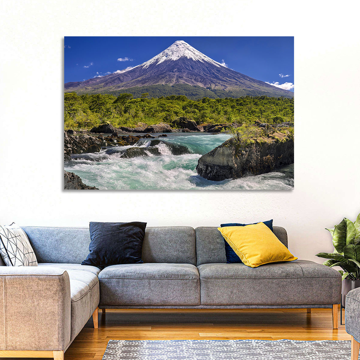 Osorno Volcano Over Petrohue Rapids Wall Art in a room, landscape