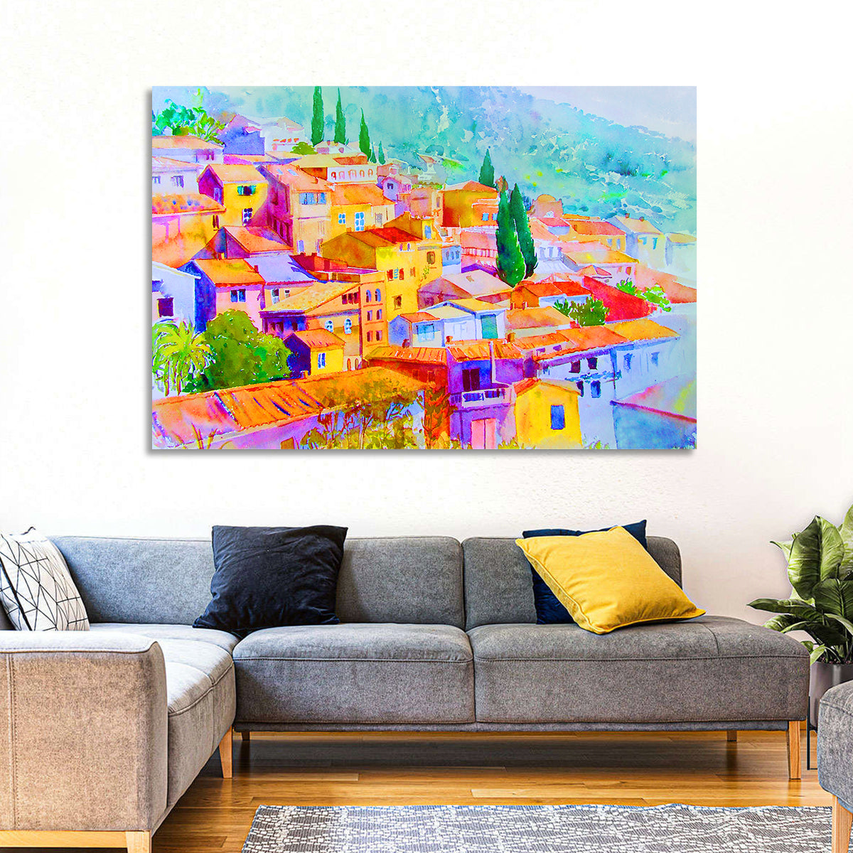 Mediterranean Hillside Watercolor Village Wall Art in a room, landscape