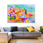 Mediterranean Hillside Watercolor Village Wall Art