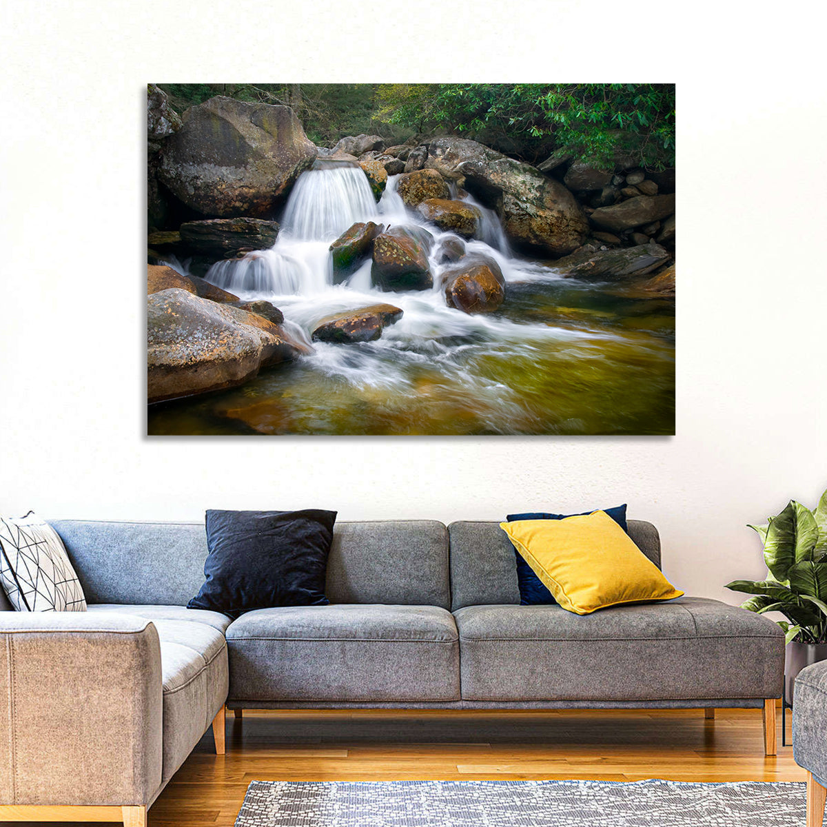 Blue Ridge Mossy Waterfall Wall Art in a room, landscape