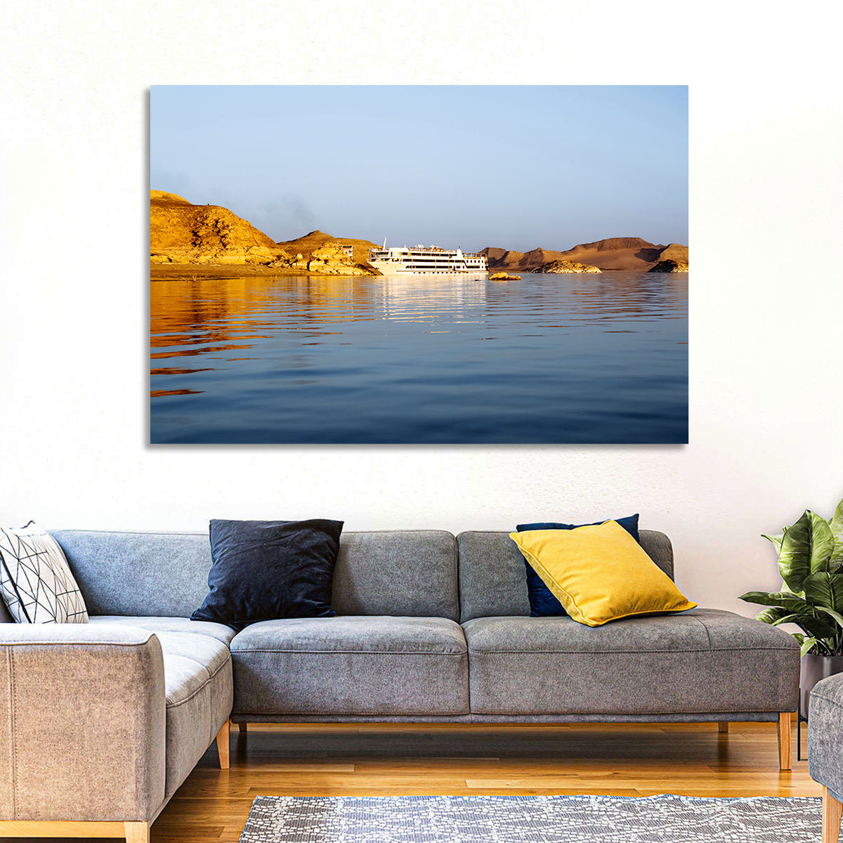 Lake Nasser Cruise Ship at Golden Hour Wall Art in a room, landscape