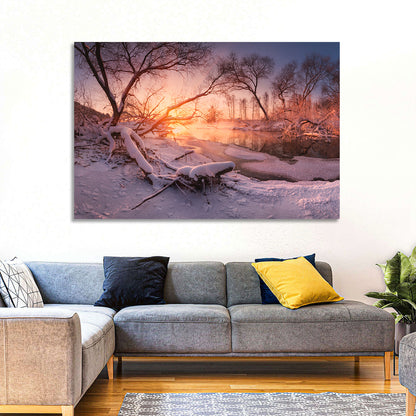 Sunset Over Snowy Forest Lake Wall Art
