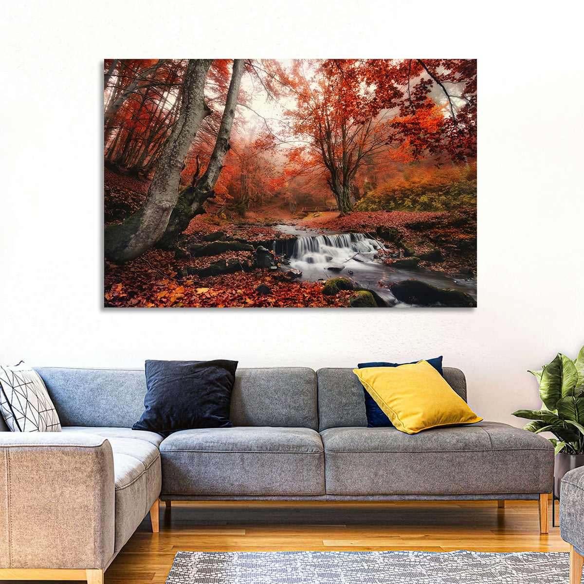 Autumn Forest Stream with Footbridge Wall Art