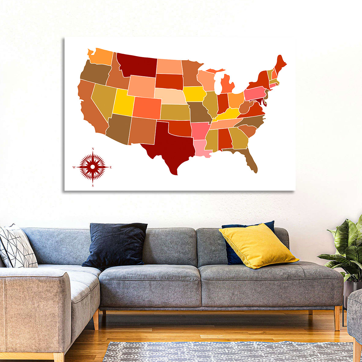 Stylized United States Map Wall Art in a room, landscape