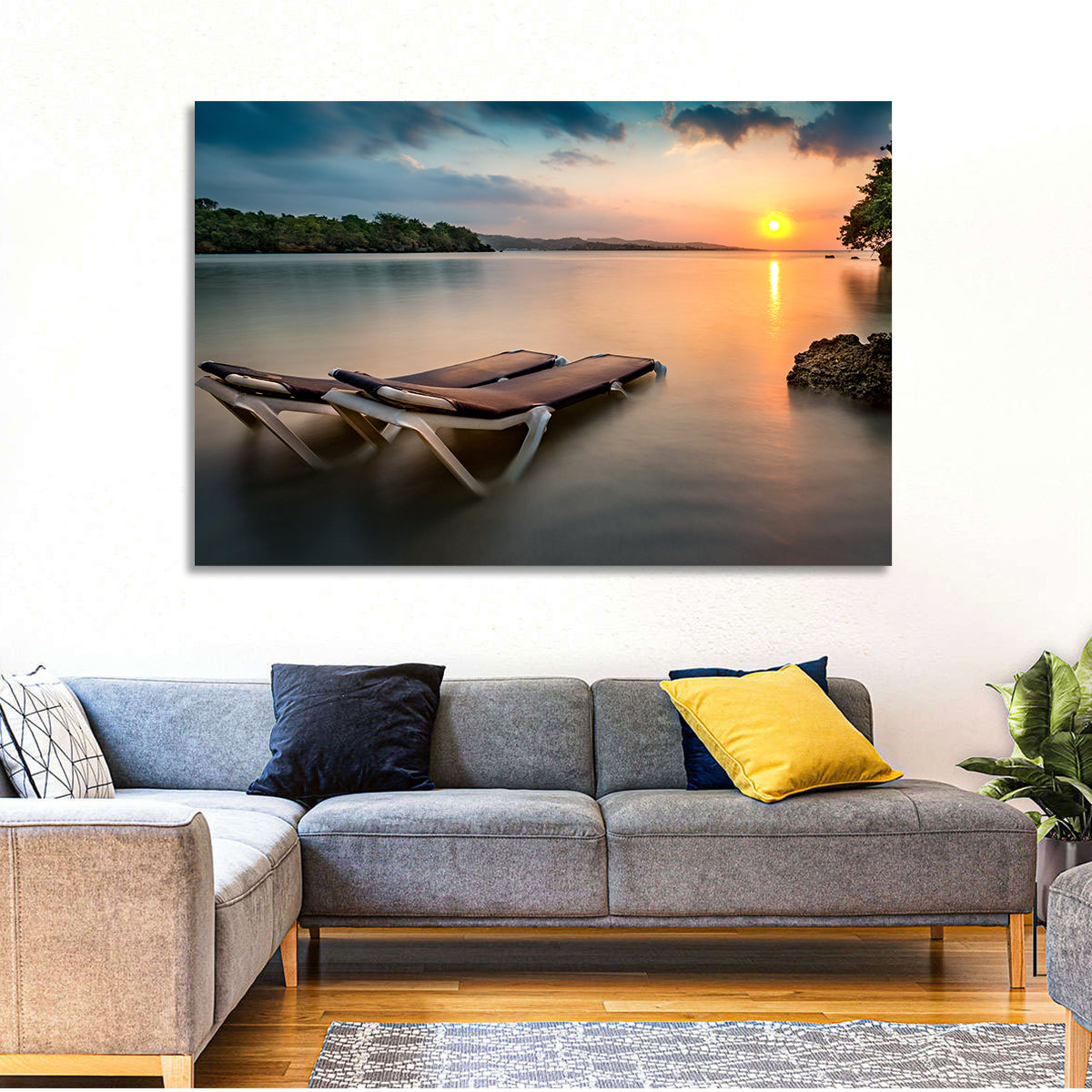 Sunset Over Coastal Lounge Chairs Wall Art
