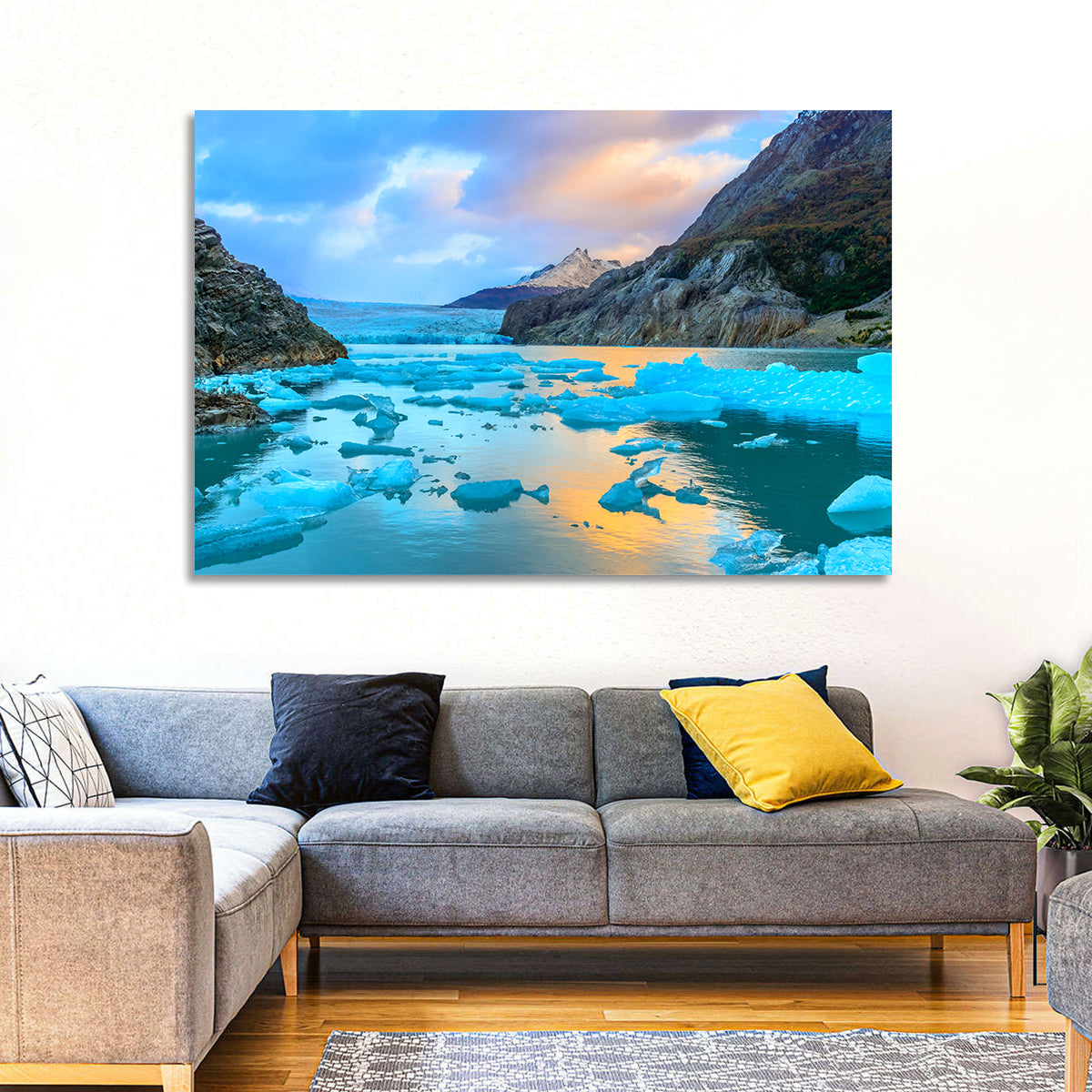 Grey Glacier at Sunset Wall Art in a room, landscape
