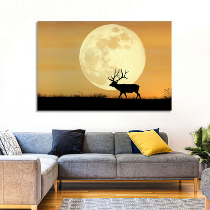 Bull Elk Silhouette Under Supermoon Wall Art