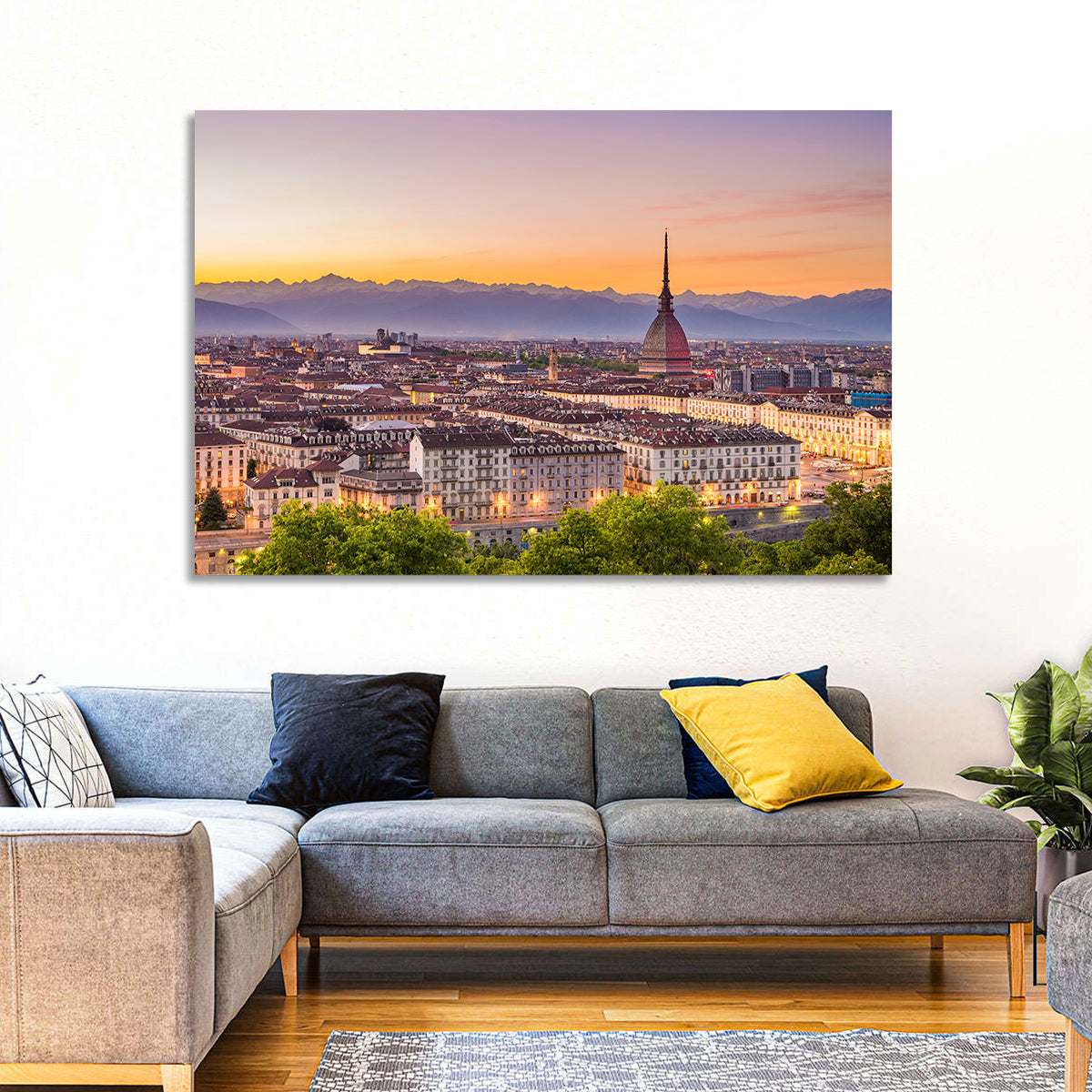 Turin Skyline at Golden Dusk Wall Art in a room, landscape