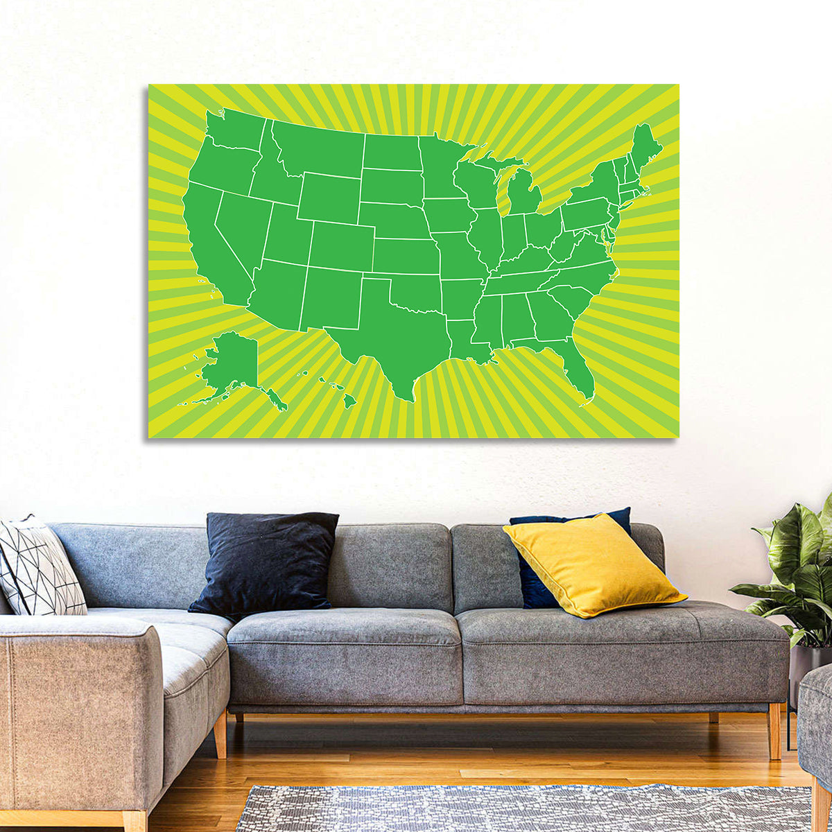 Green Sunburst USA Map Wall Art in a room, landscape