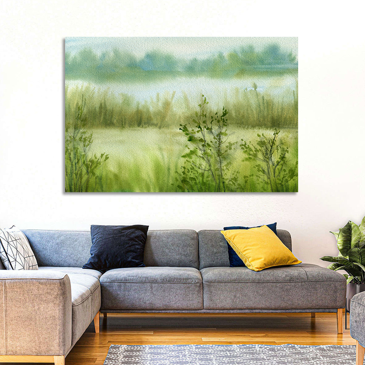 Misty River Meadow Watercolor Wall Art in a room, landscape