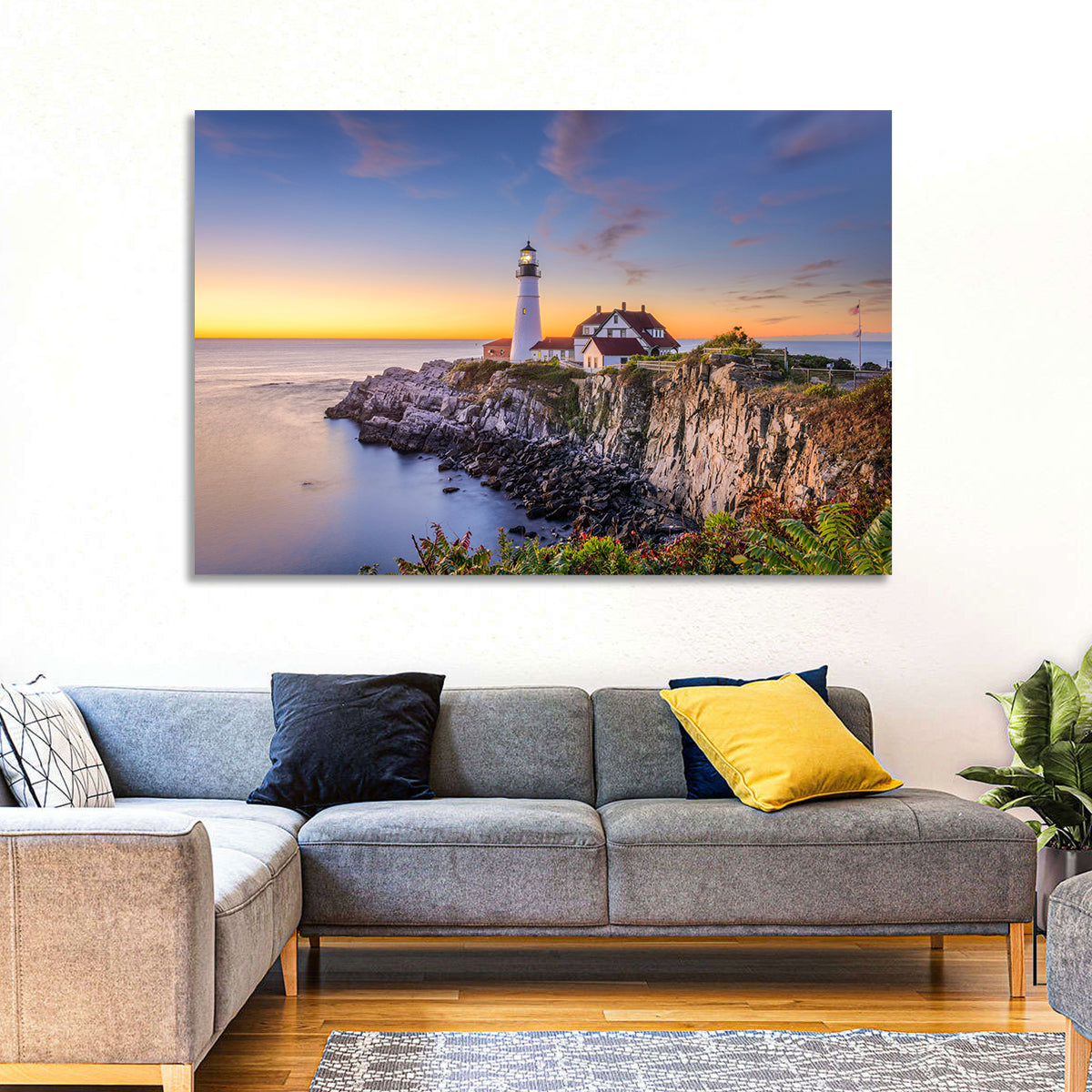 Portland Head Light at Dusk Wall Art in a room, landscape