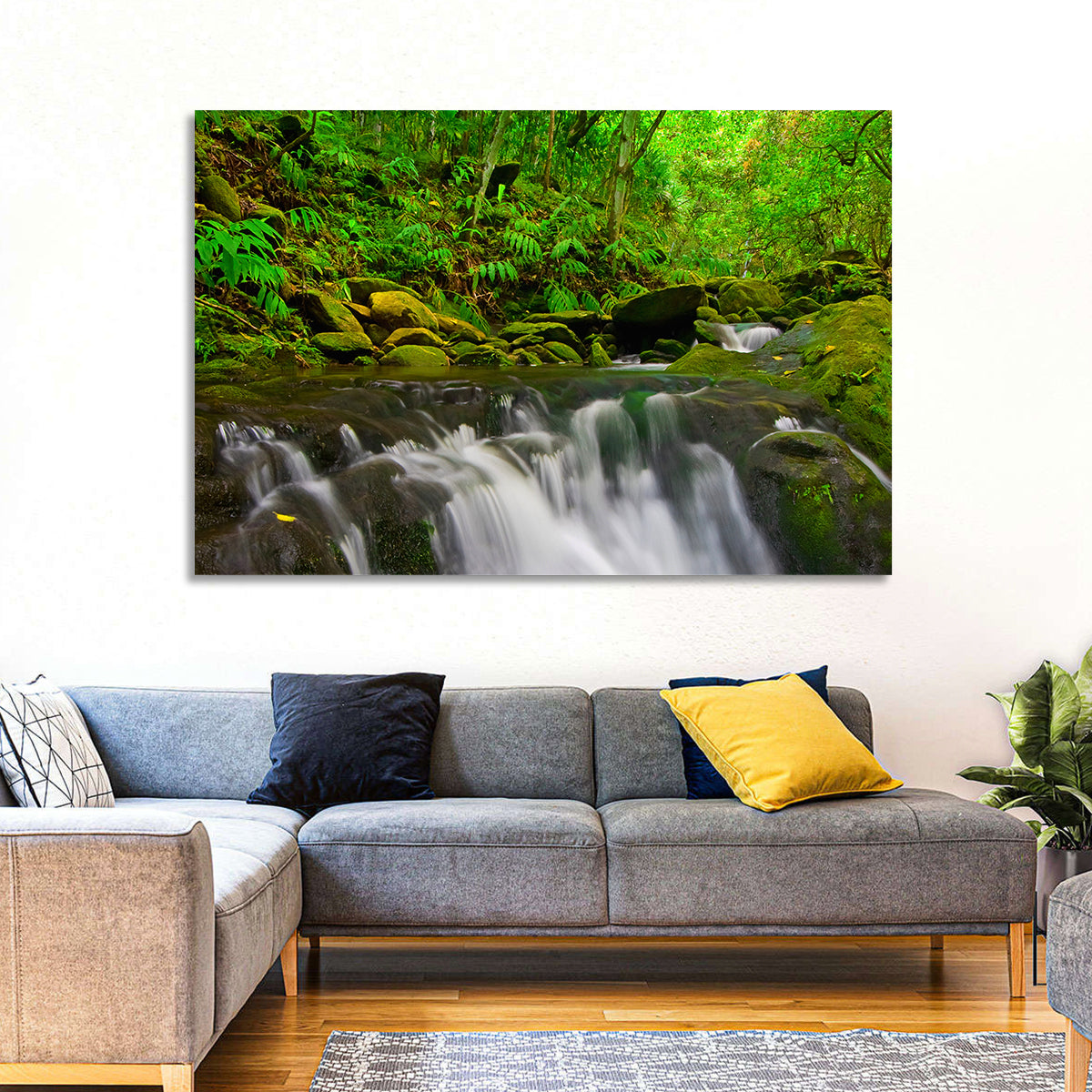 Emerald Jungle Stream Wall Art in a room, landscape