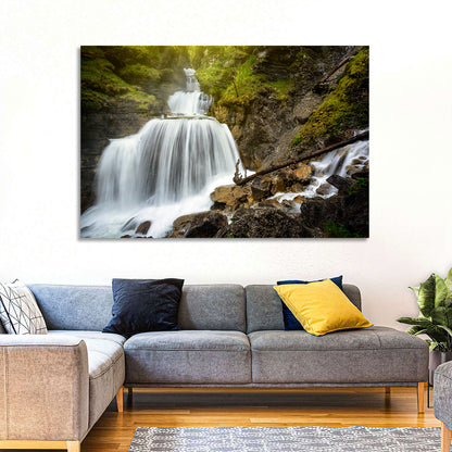 White Cascade Over Mossy Rocks Wall Art