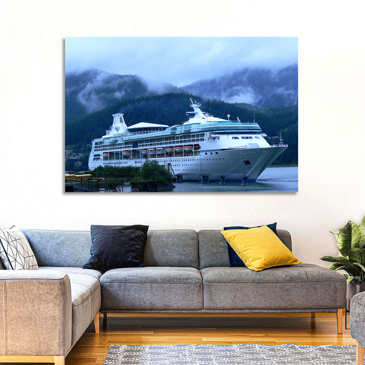 Misty Docked Cruise Ship Wall Art in a room, landscape