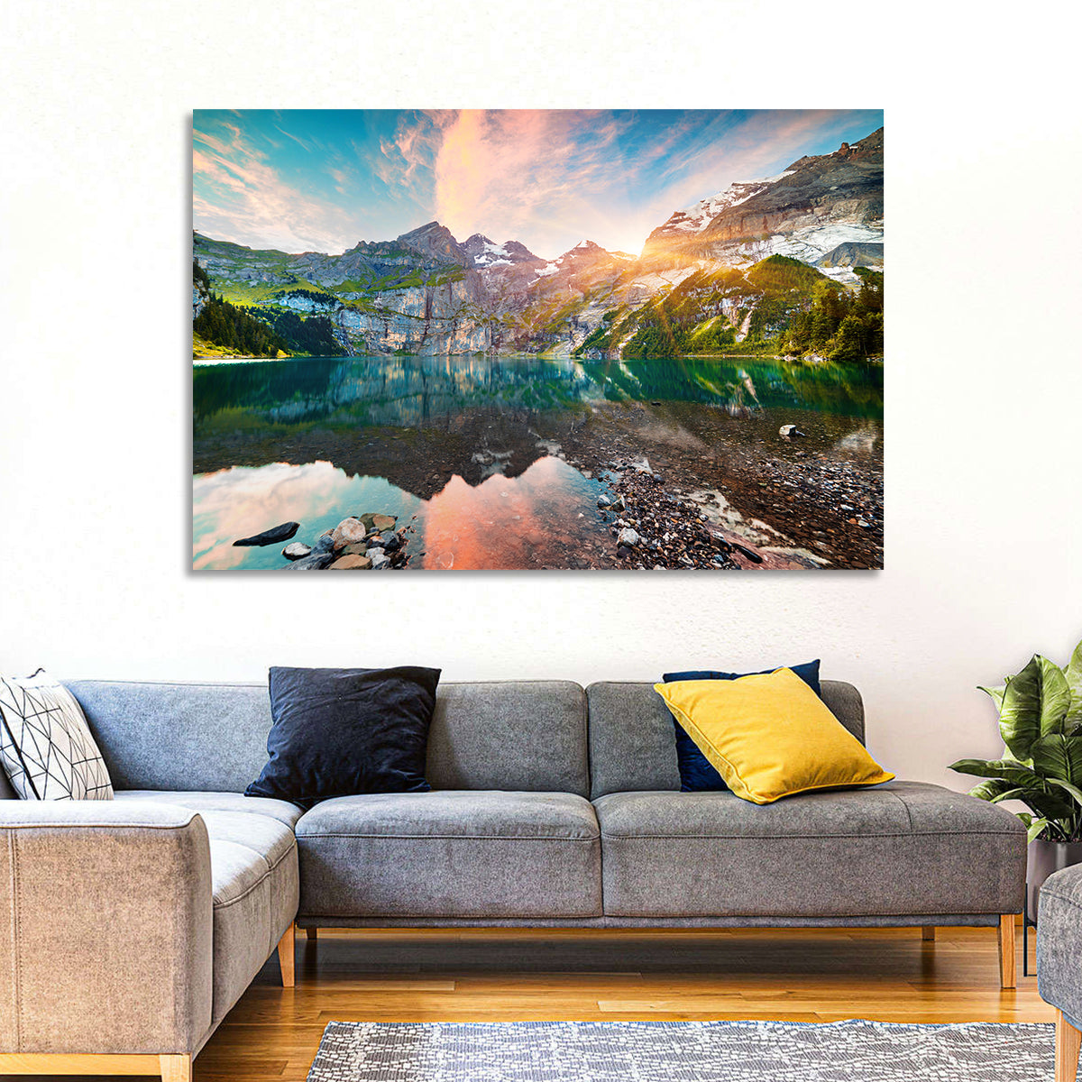 Oeschinensee Reflection Wall Art in a room, landscape