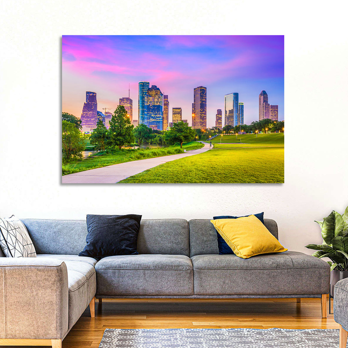 Houston Skyline at Dusk Wall Art in a room, landscape