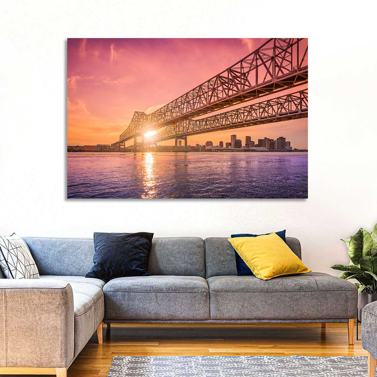Crescent City Connection at Sunset Wall Art in a room, landscape