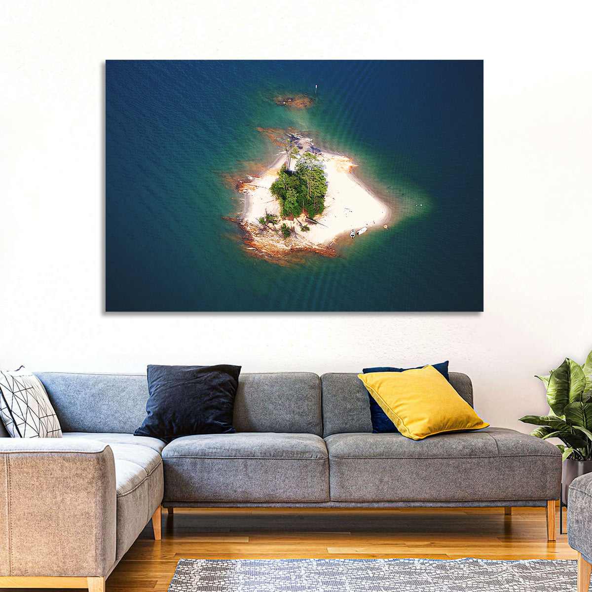 Lake Lanier Island Aerial View Wall Art in a room, landscape