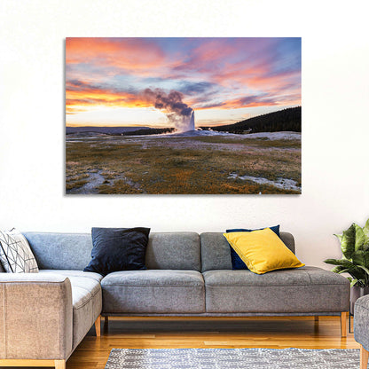 Old Faithful Erupting at Sunset Wall Art