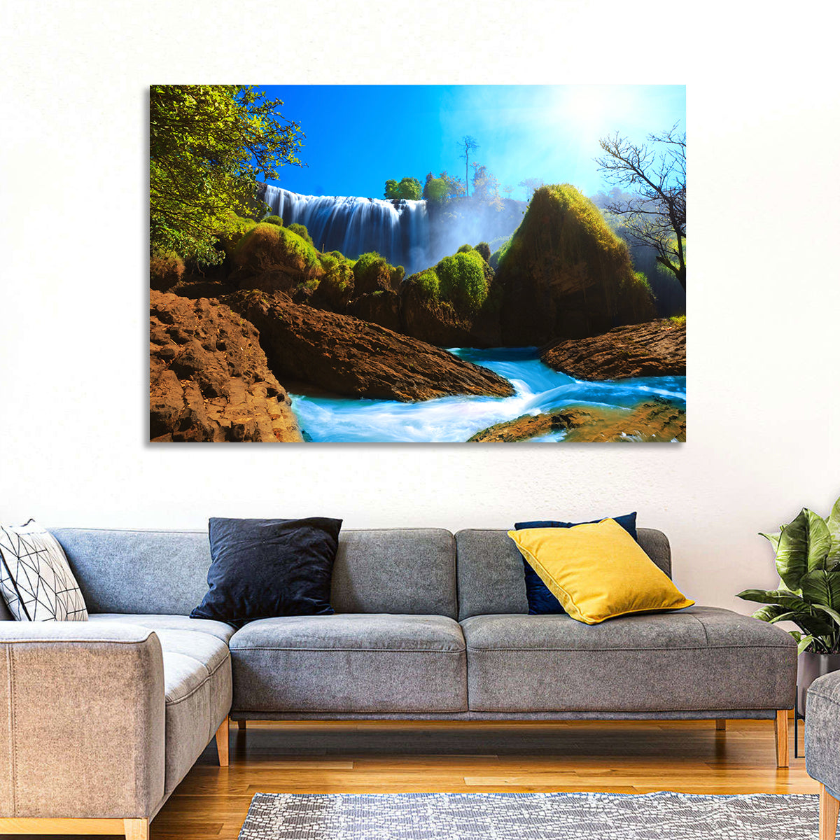 Sunlit Turquoise Waterfall Wall Art in a room, landscape