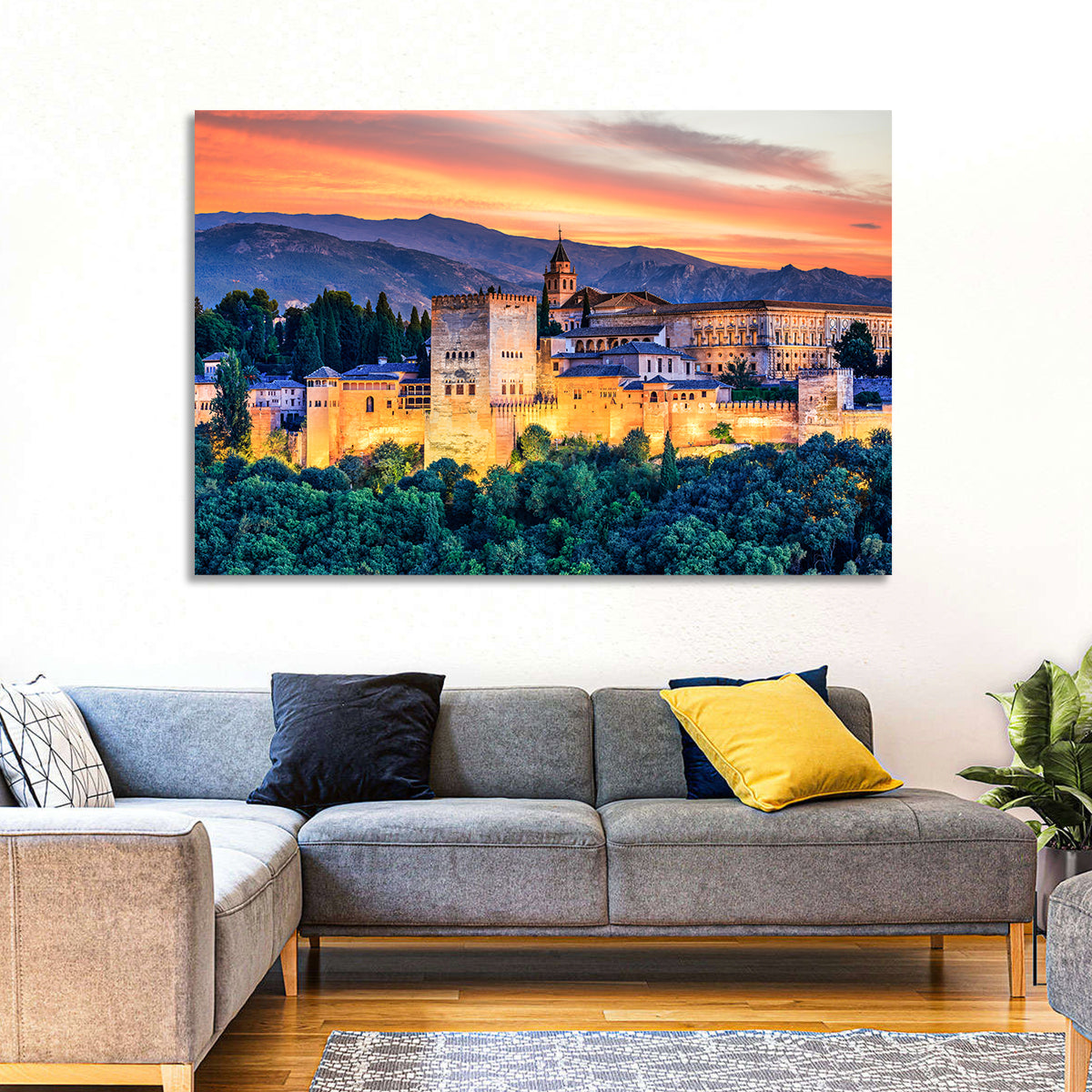 Alhambra Fortress at Golden Sunset Wall Art in a room, landscape